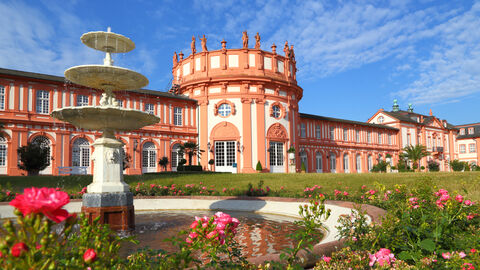 Im Vordergrund ein Springbrunnen und Blumen, im Hintergrund Schloss Biebrich vor blauem Himmel.
