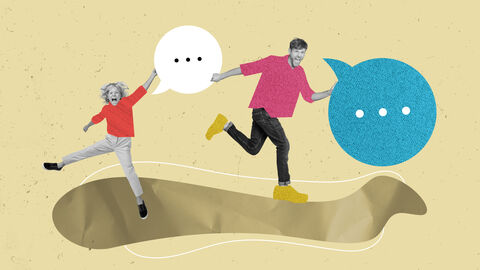 Dialog Links ein grafisch stilisierter Junge, rechts ein junger Mann. Beide stehen auf einem grafisch angedeutetes Weg und haben Sprechblasen neben sich stehen in denen "..." zu sehen ist.