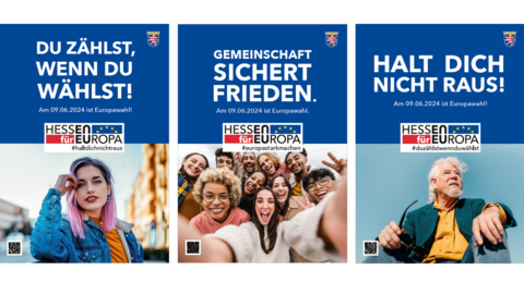 Plakate zur Europawahl Drei Plakate zur Europawahl als Collage aufbereitet. Auf dem ersten steht "Du zählst, wenn du wählst!", auf dem zweiten "Gemeinschaft sicher Frieden", auf dem dritten "Halt dich nicht raus!".