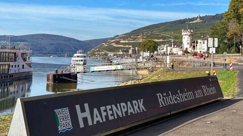 Hafenpark Rüdesheim Blick auf den Rhein auf dem sich ein Schiff befindet. Im Vordergrund steht ein Schild aif dem "Hafenpark Rüdesheim am Rhein" steht