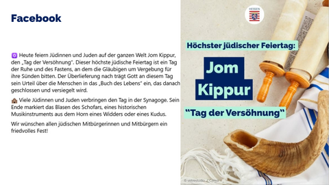 Rechteckige Fläche ist in 2 Bereiche unterteilt. Links steht der Inhalt des Facebook-Beitrags und rechts ist das passende Bild dazu.