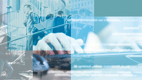 Aufmacher-Motiv Informationssicherheitsmanagement Fotocollage mit Menschen und einer Hand auf der Tastatur